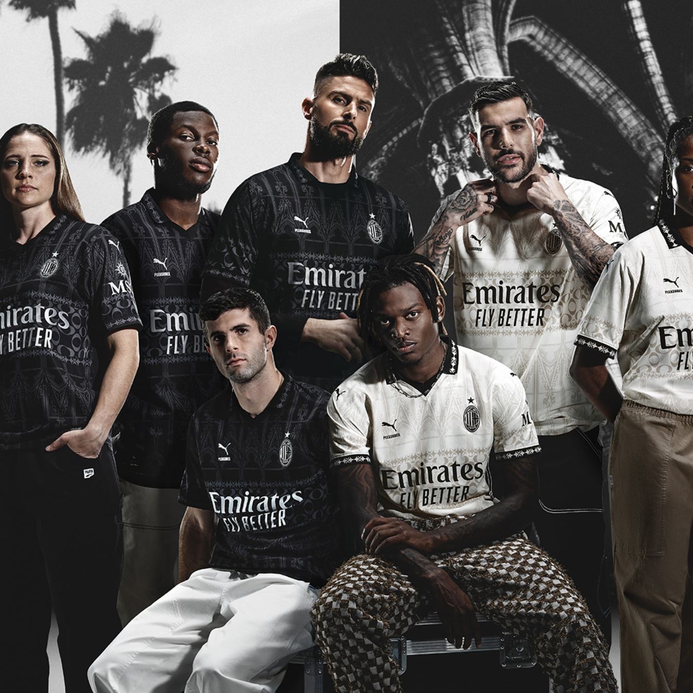 Eine Gruppe von männlichen und weiblichen Models im Trikot von Man City 24/25.