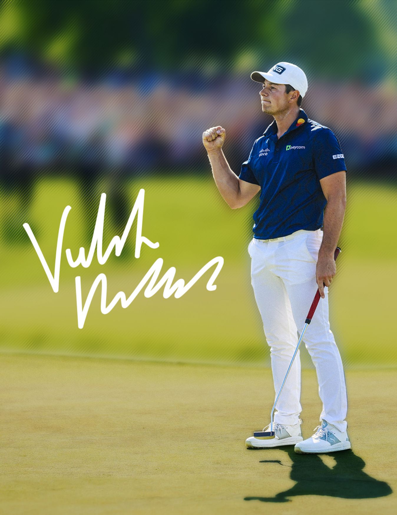 Signed picture of Viktor Hovland on the Goldplatz in front of a crowd in a victorious pose.