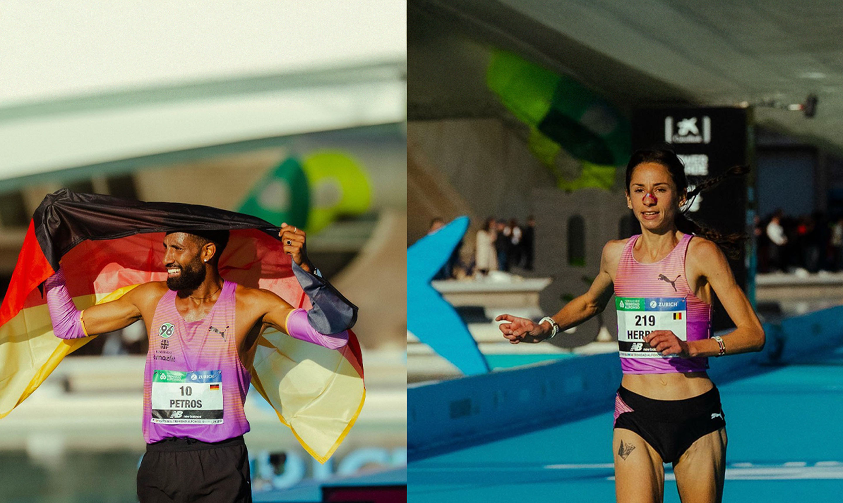 Zweigeteiltes Bild mit L&auml;ufer samt deutscher Flagge und L&auml;uferin im Puma-Look, jeweils im Marathon-Zieleinlauf