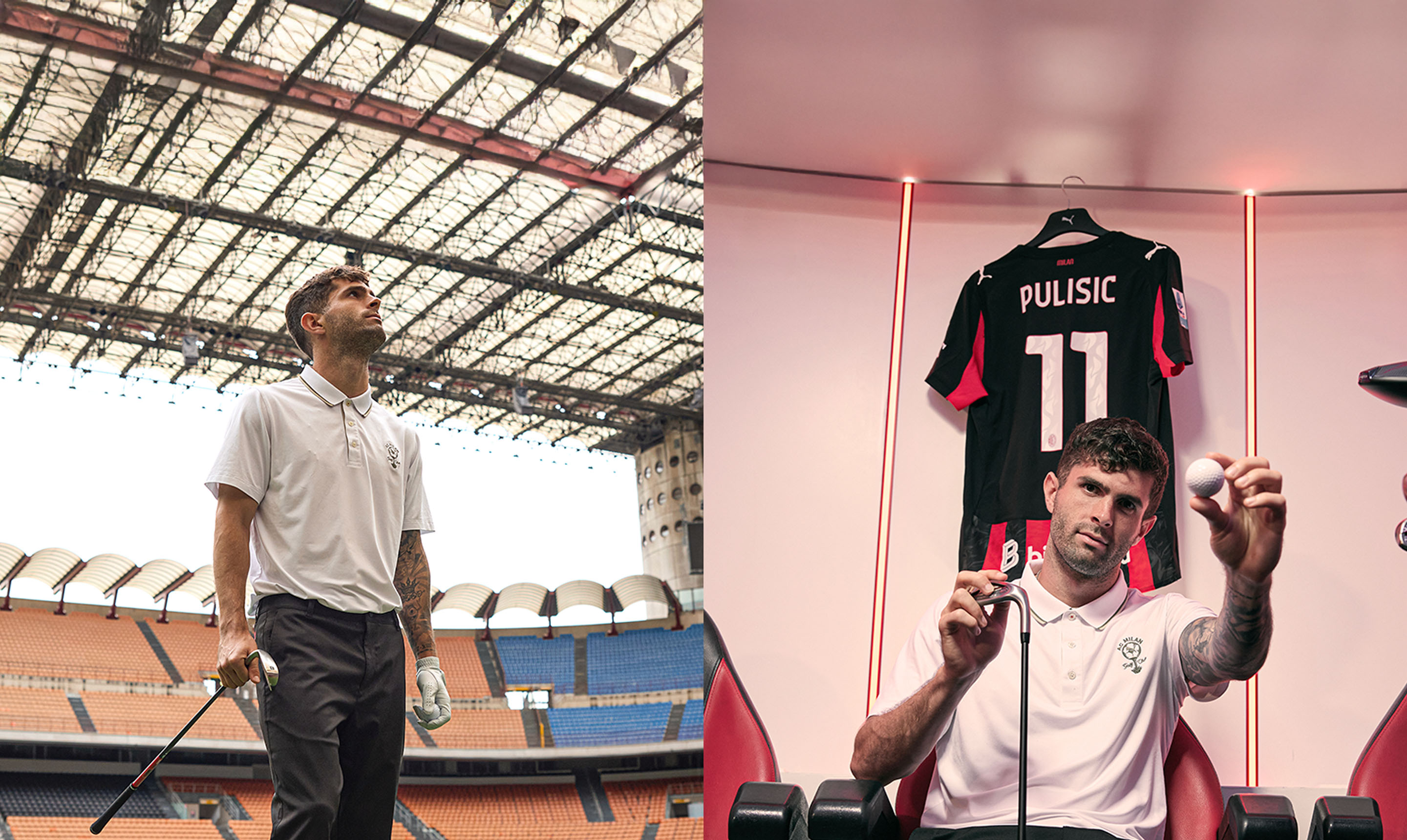 Split image showing Christian Pulisic playing golf in the AC Milan stadium and in the AC Milan locker room with a golf ball and golf club